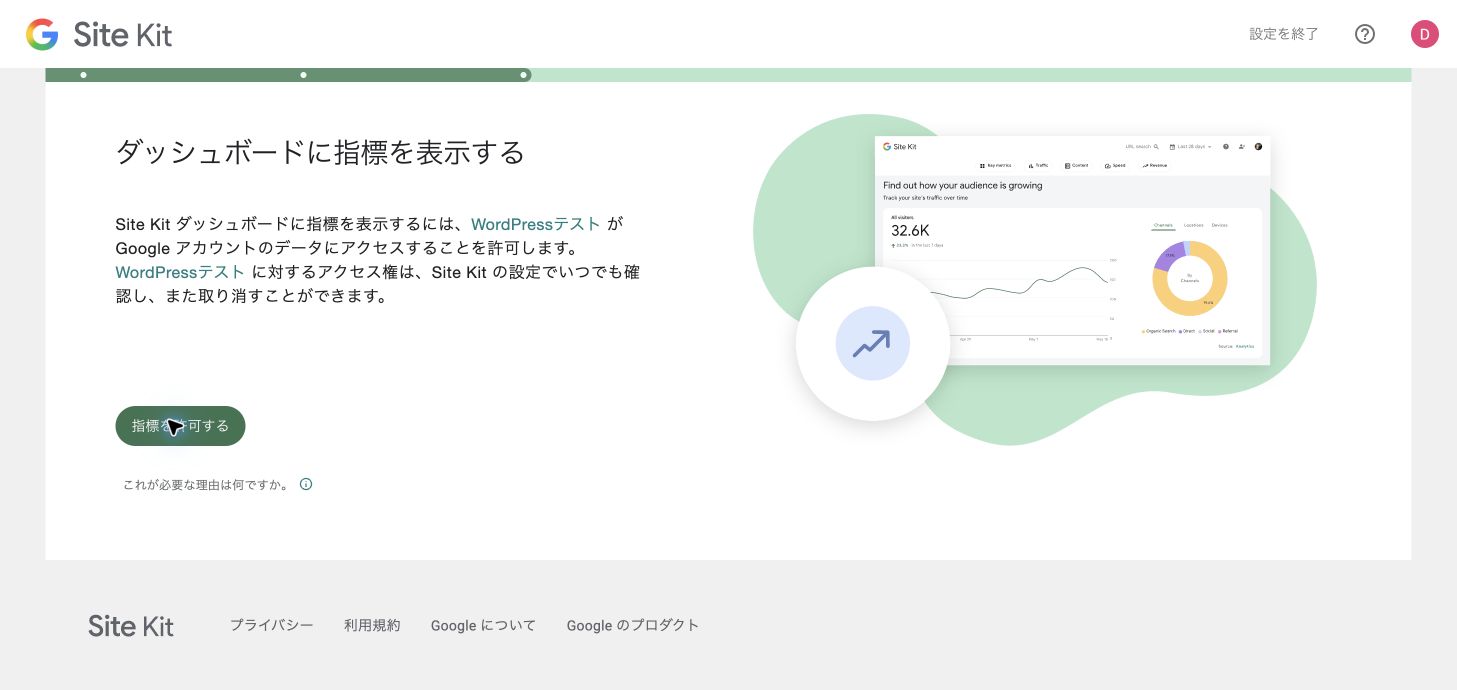 Site KitダッシュボードでGoogleの指標表示を許可する画面