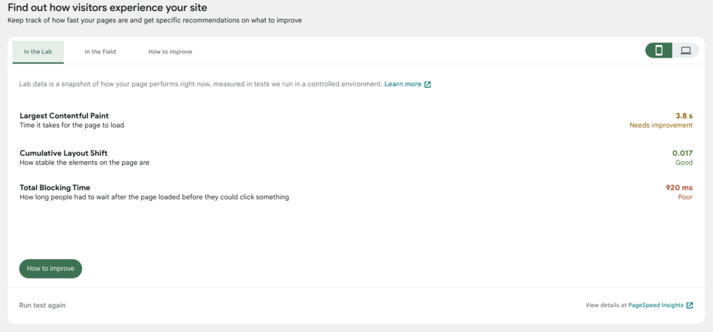 表示速度の評価が実数値で表示されたGoogle Site Kit公式画面例